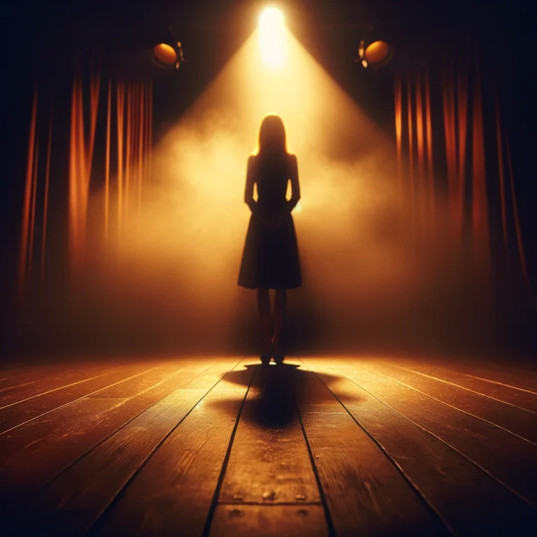 DALL·E 2024 02 15 04.28.38 Imagine a dimly lit stage bathed in yellowish red spotlight hues creating a blurred and hazy atmosphere. In the center of this stage stands a woman  768x768